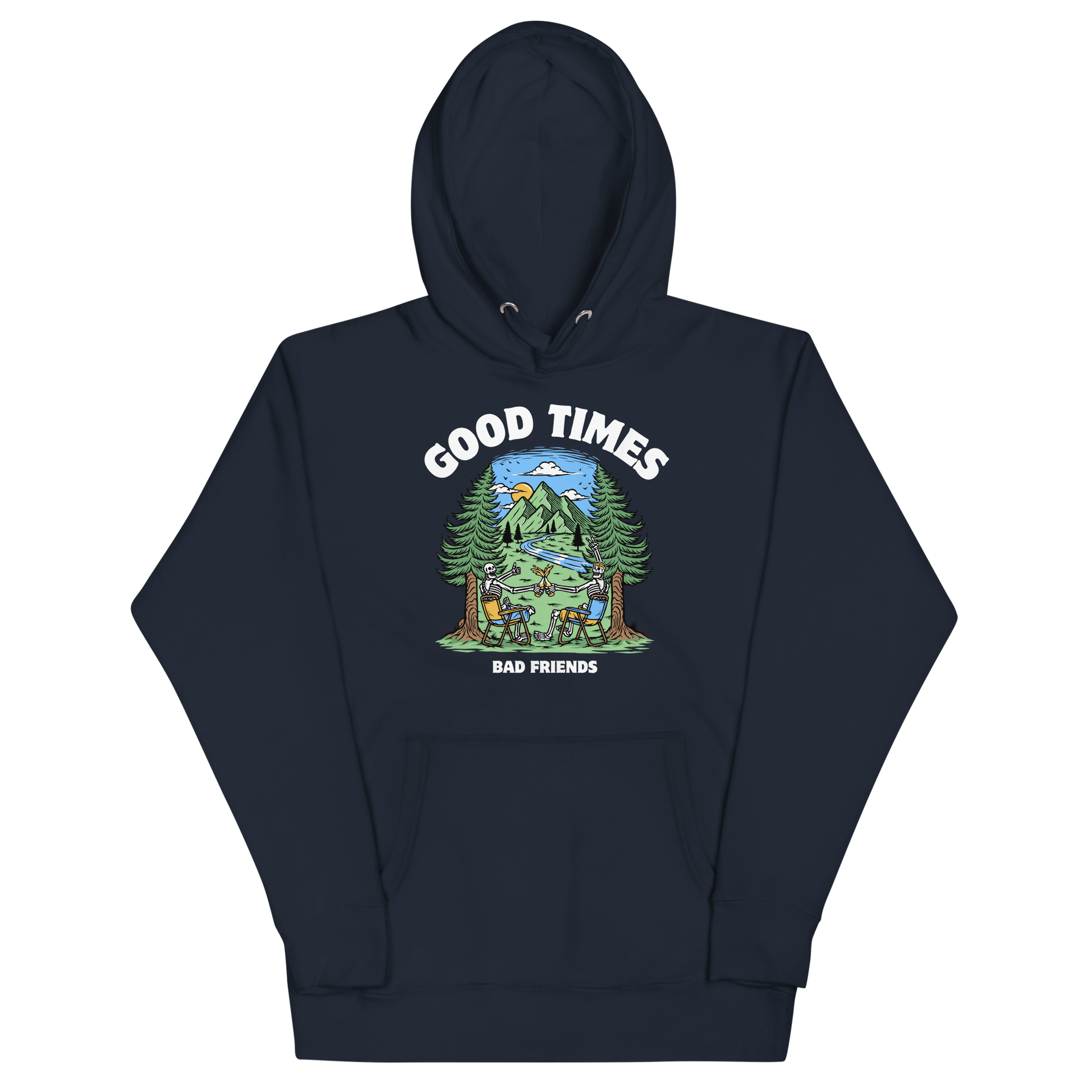 Funny Good Times Bad Friends skeleton beer premium graphic hoodie in navy blazer by Boozy Fox