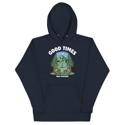 Funny Good Times Bad Friends skeleton beer premium graphic hoodie in navy blazer by Boozy Fox