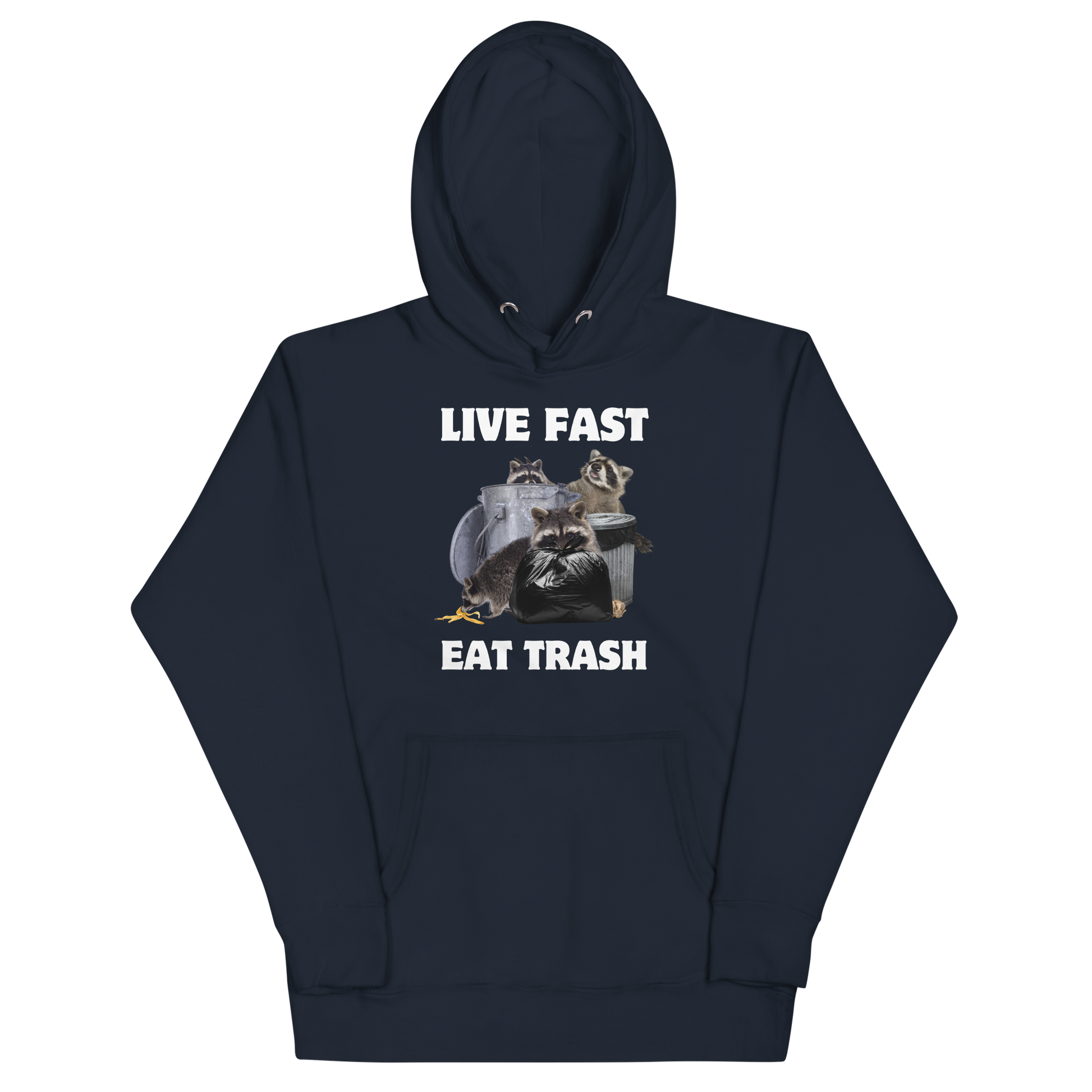 Funny Live Fast Eat Trash Raccoon premium graphic hoodie in navy blazer by Boozy Fox