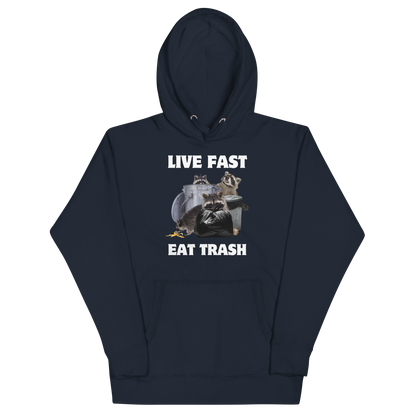 Funny Live Fast Eat Trash Raccoon premium graphic hoodie in navy blazer by Boozy Fox