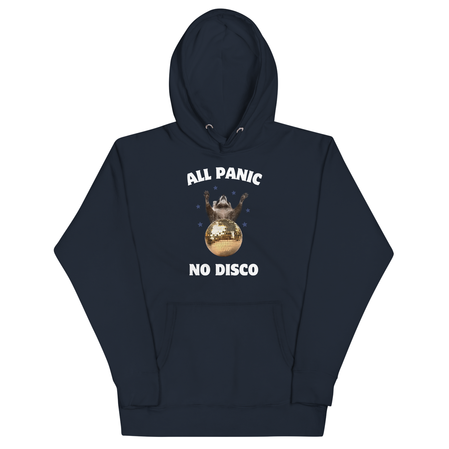 Funny All Panic No Disco Raccoon Disco Ball premium graphic hoodie in navy blazer by Boozy Fox