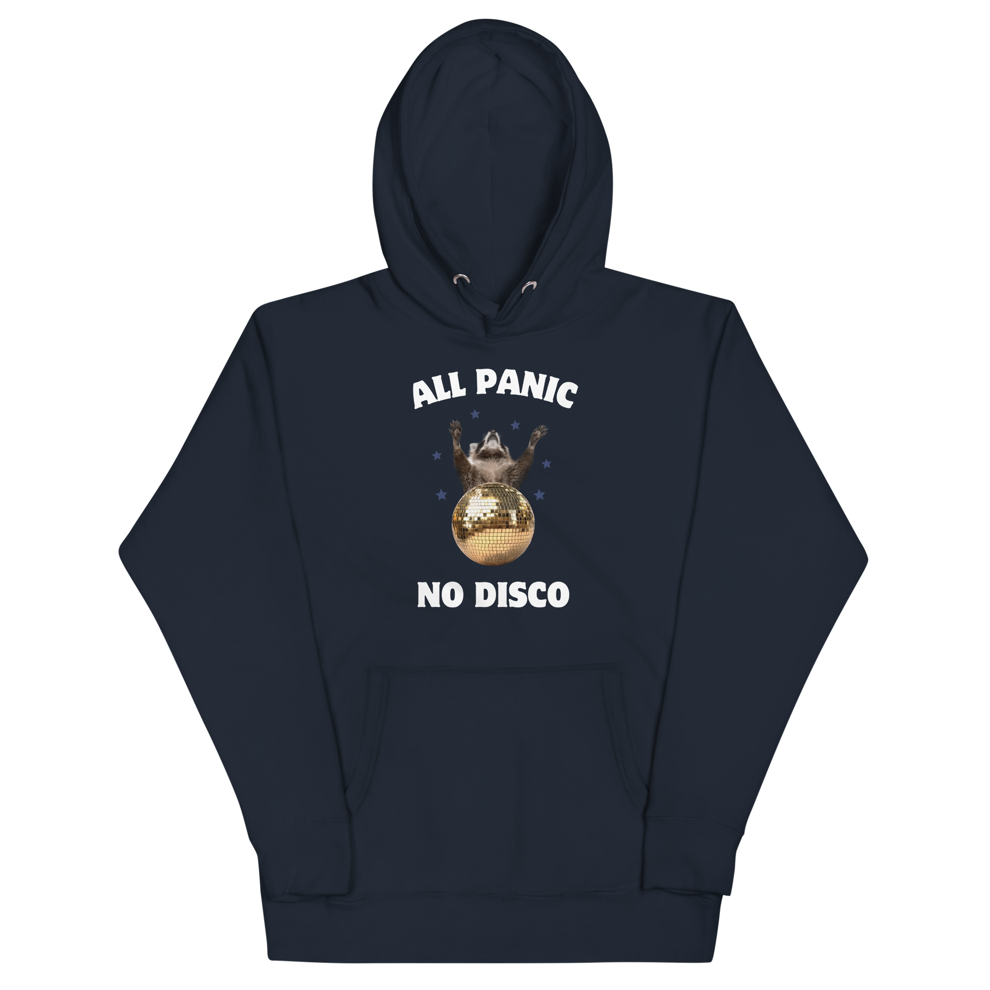 Funny All Panic No Disco Raccoon Disco Ball premium graphic hoodie in navy blazer by Boozy Fox