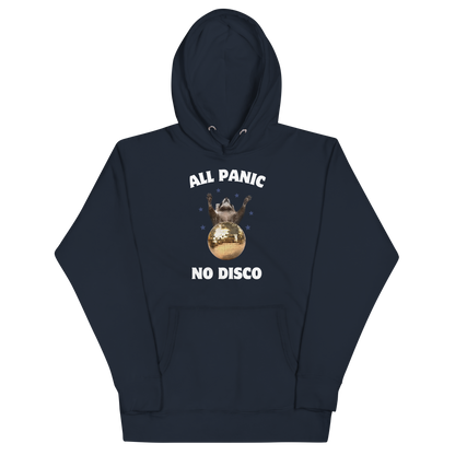 Funny All Panic No Disco Raccoon Disco Ball premium graphic hoodie in navy blazer by Boozy Fox