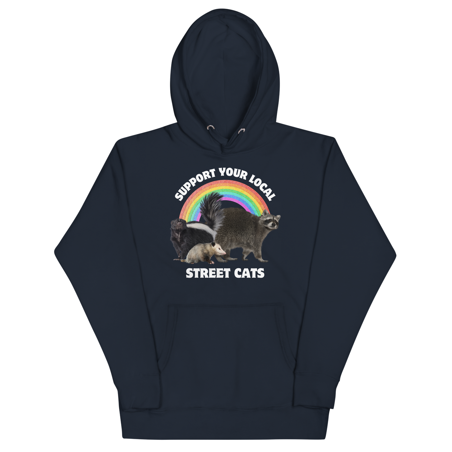 Funny Support Your Local Street Cats premium graphic hoodie in navy blazer by Boozy Fox