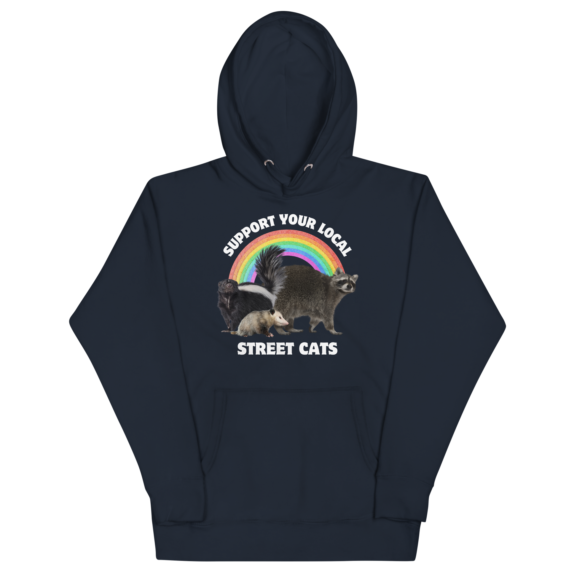 Funny Support Your Local Street Cats premium graphic hoodie in navy blazer by Boozy Fox