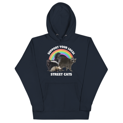 Funny Support Your Local Street Cats premium graphic hoodie in navy blazer by Boozy Fox