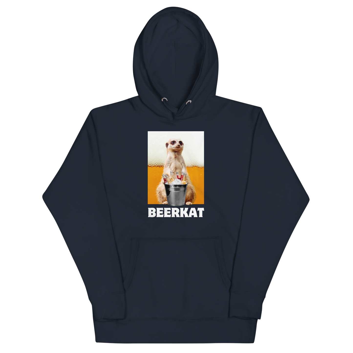 Funny Meerkat Beer premium graphic hoodie in navy blazer by Boozy Fox