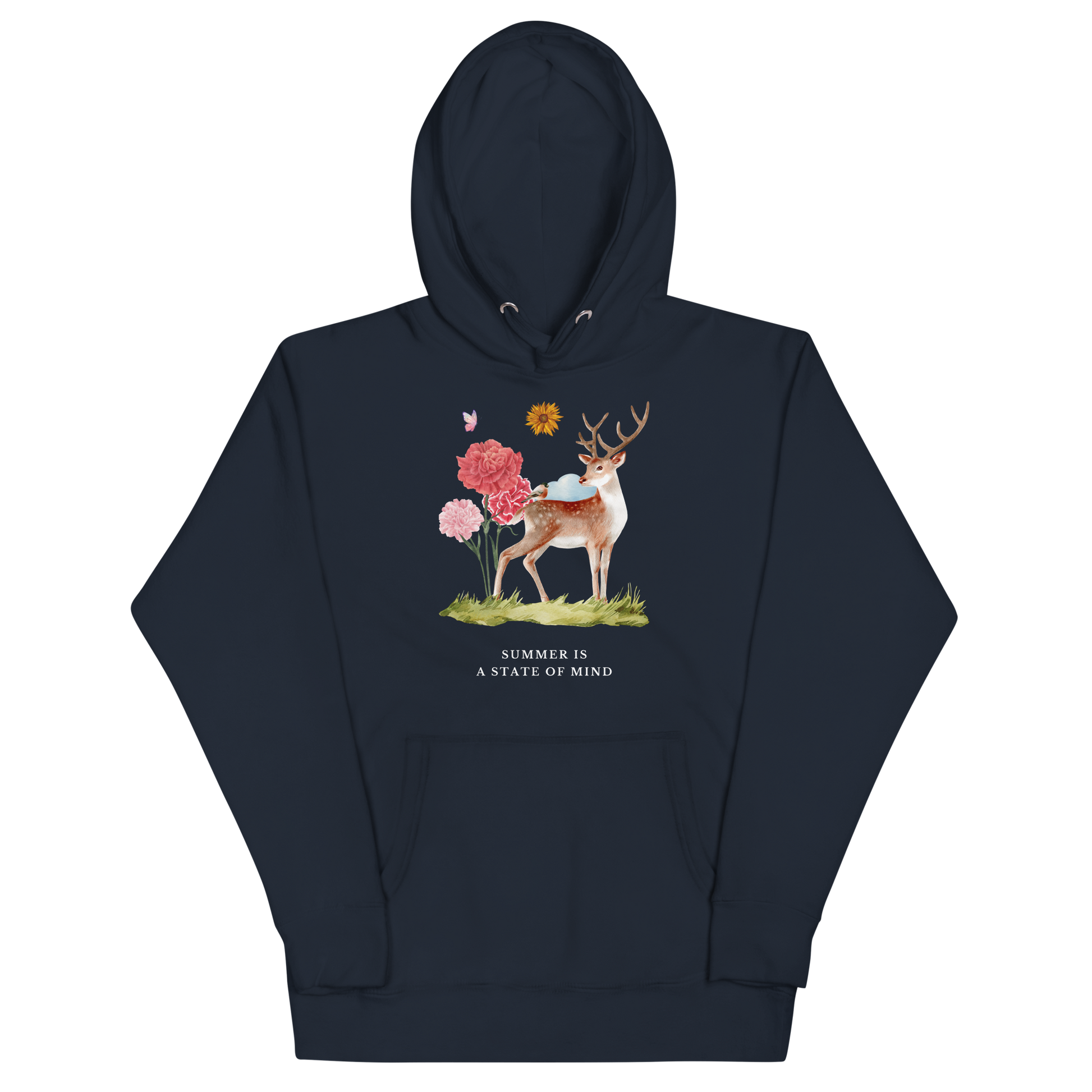 Funny Summer Is a State of Mind Deer premium graphic hoodie in navy blazer by Boozy Fox