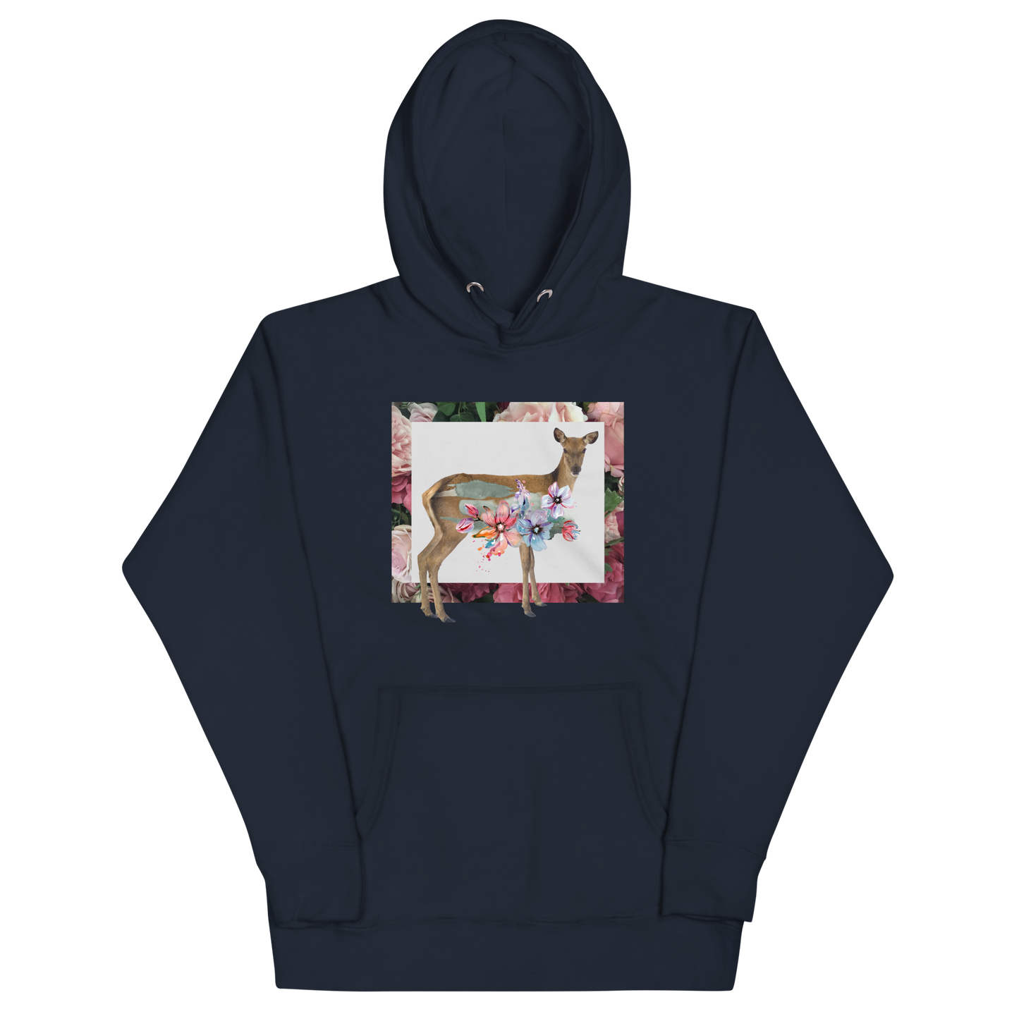 Funny Floral Deer summer premium graphic hoodie in navy blazer by Boozy Fox