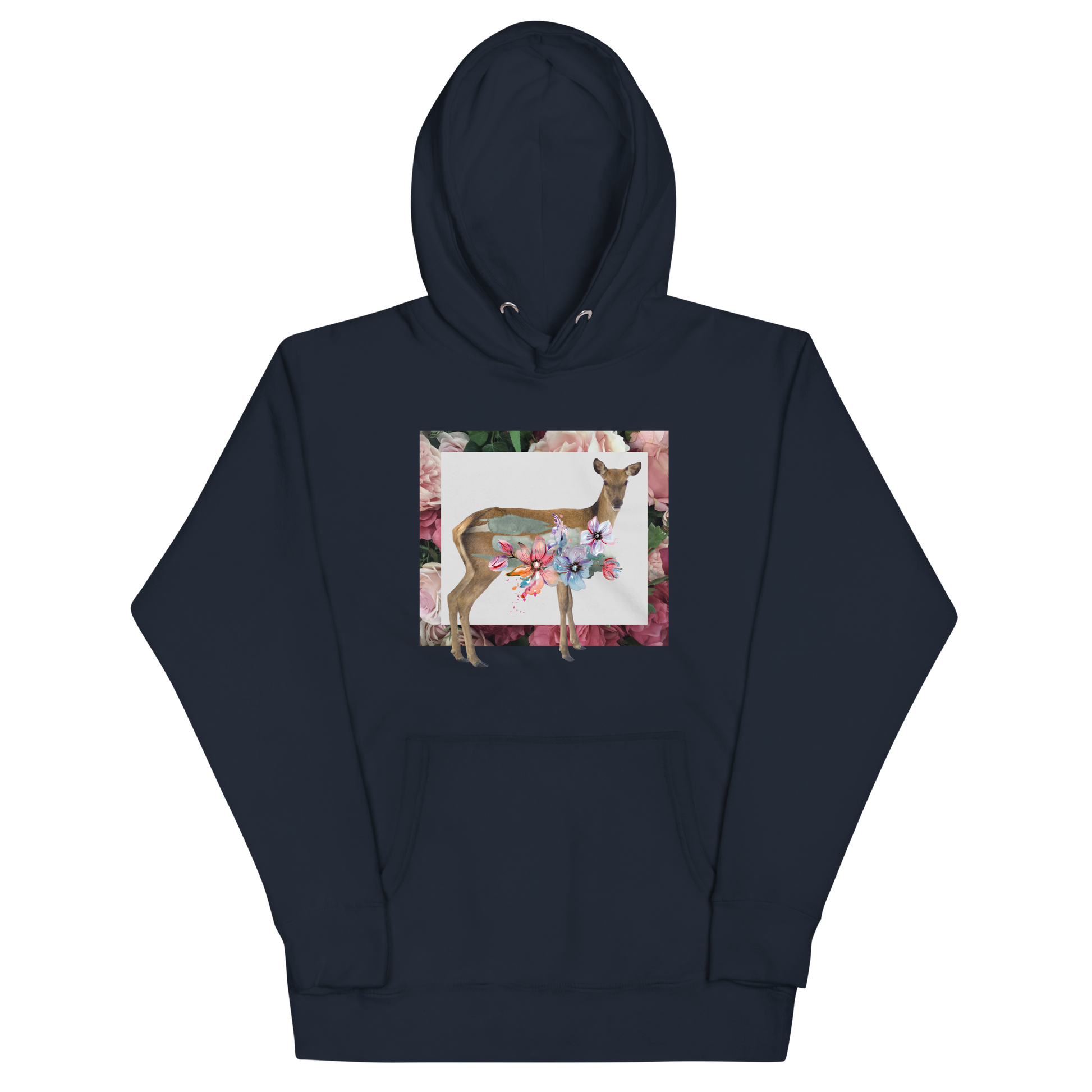 Funny Floral Deer summer premium graphic hoodie in navy blazer by Boozy Fox