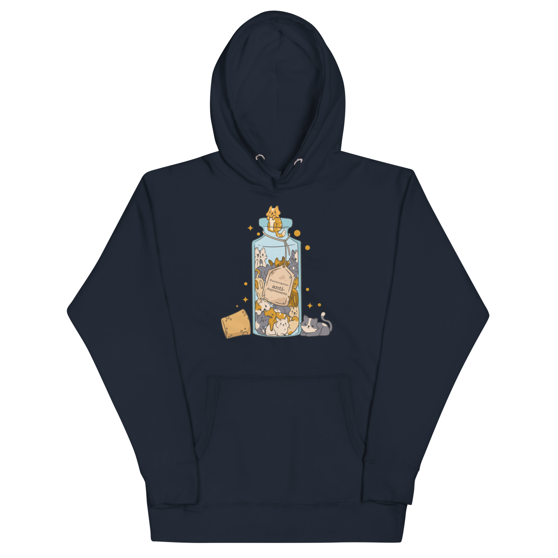 Funny Purrscription: Anti-depressants Cat premium graphic hoodie in navy blazer by Boozy Fox