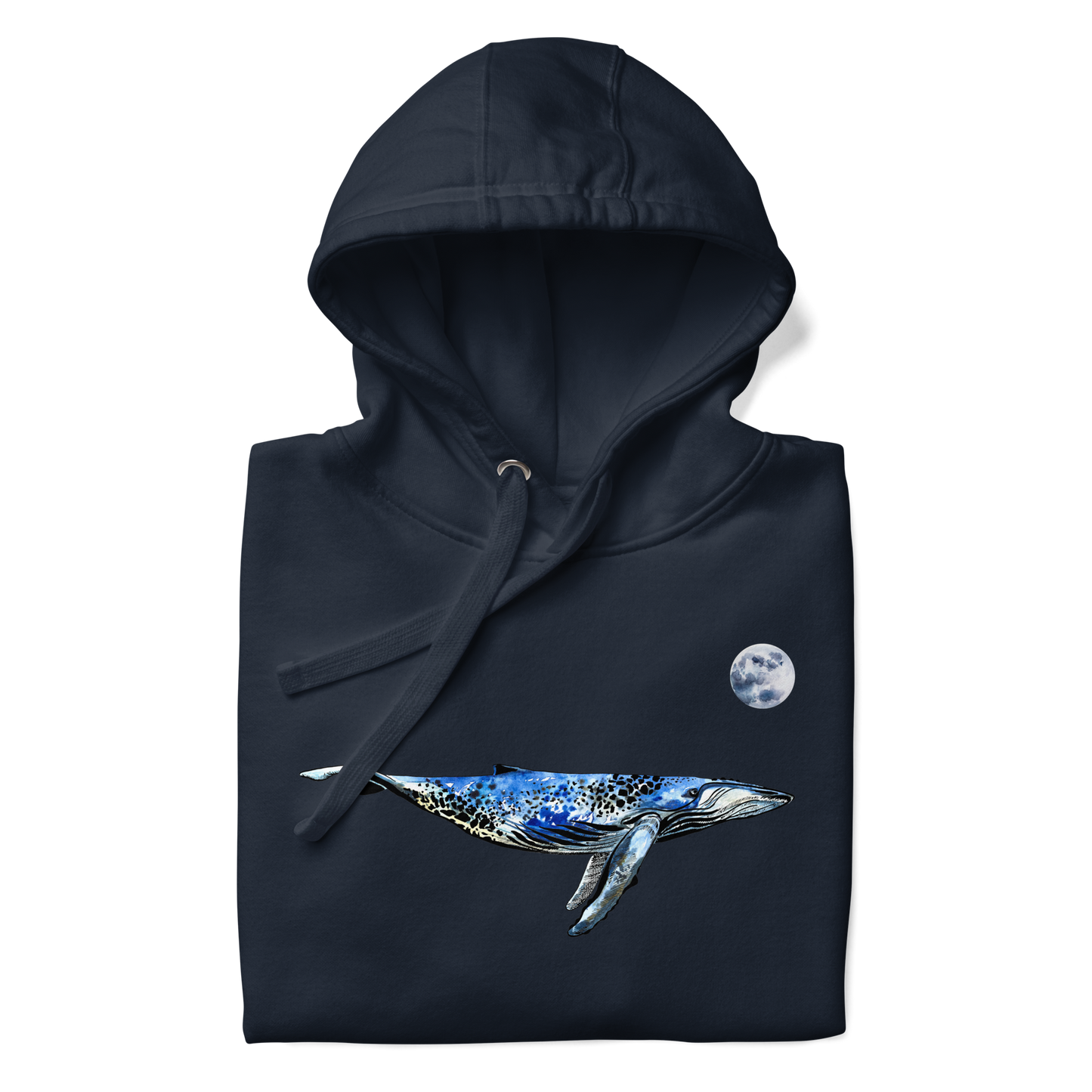 Front details of a Funny Whale under the moon premium graphic hoodie in navy blazer by Boozy Fox