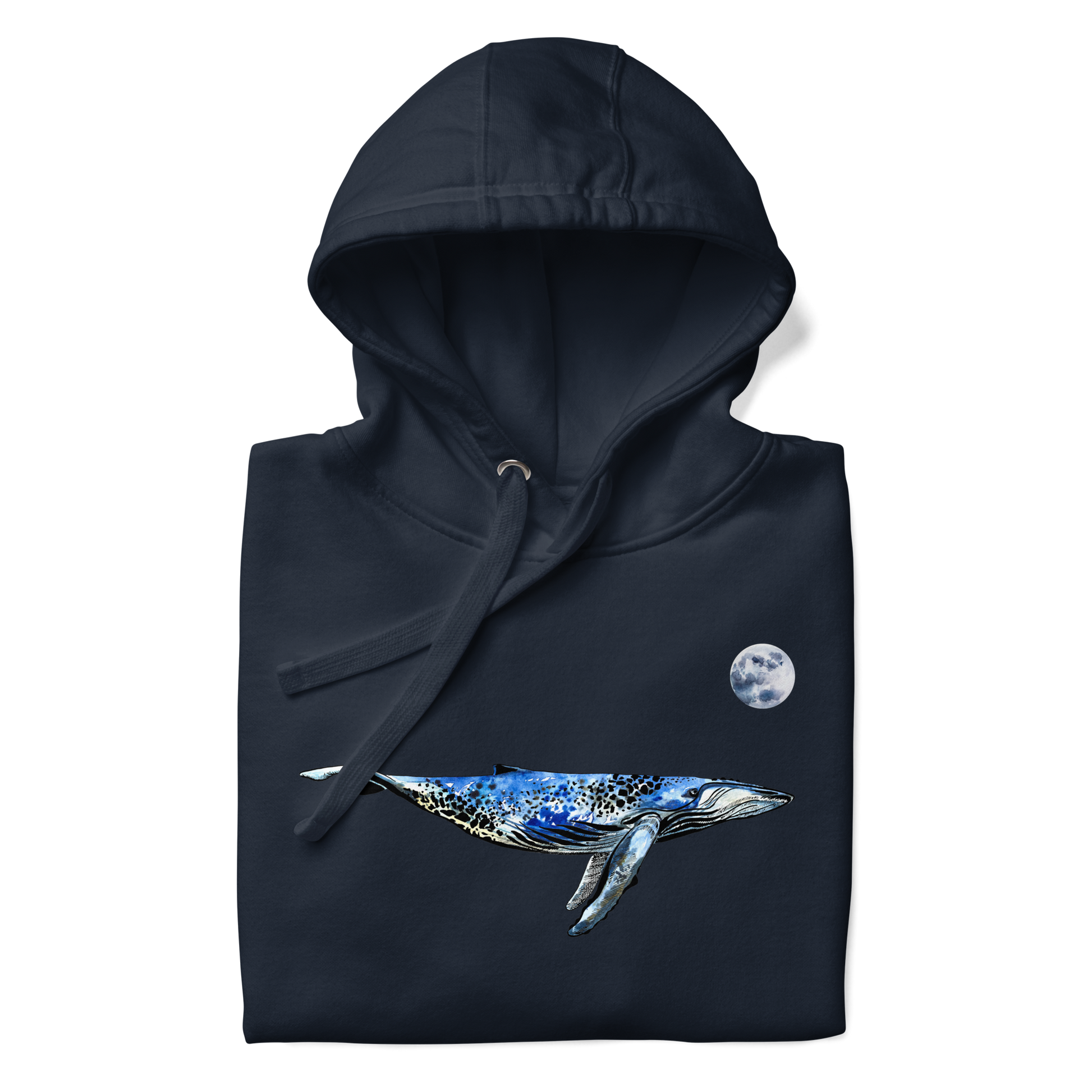 Front details of a Funny Whale under the moon premium graphic hoodie in navy blazer by Boozy Fox