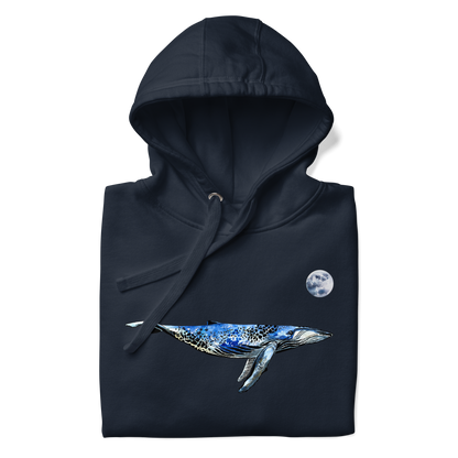 Front details of a Funny Whale under the moon premium graphic hoodie in navy blazer by Boozy Fox