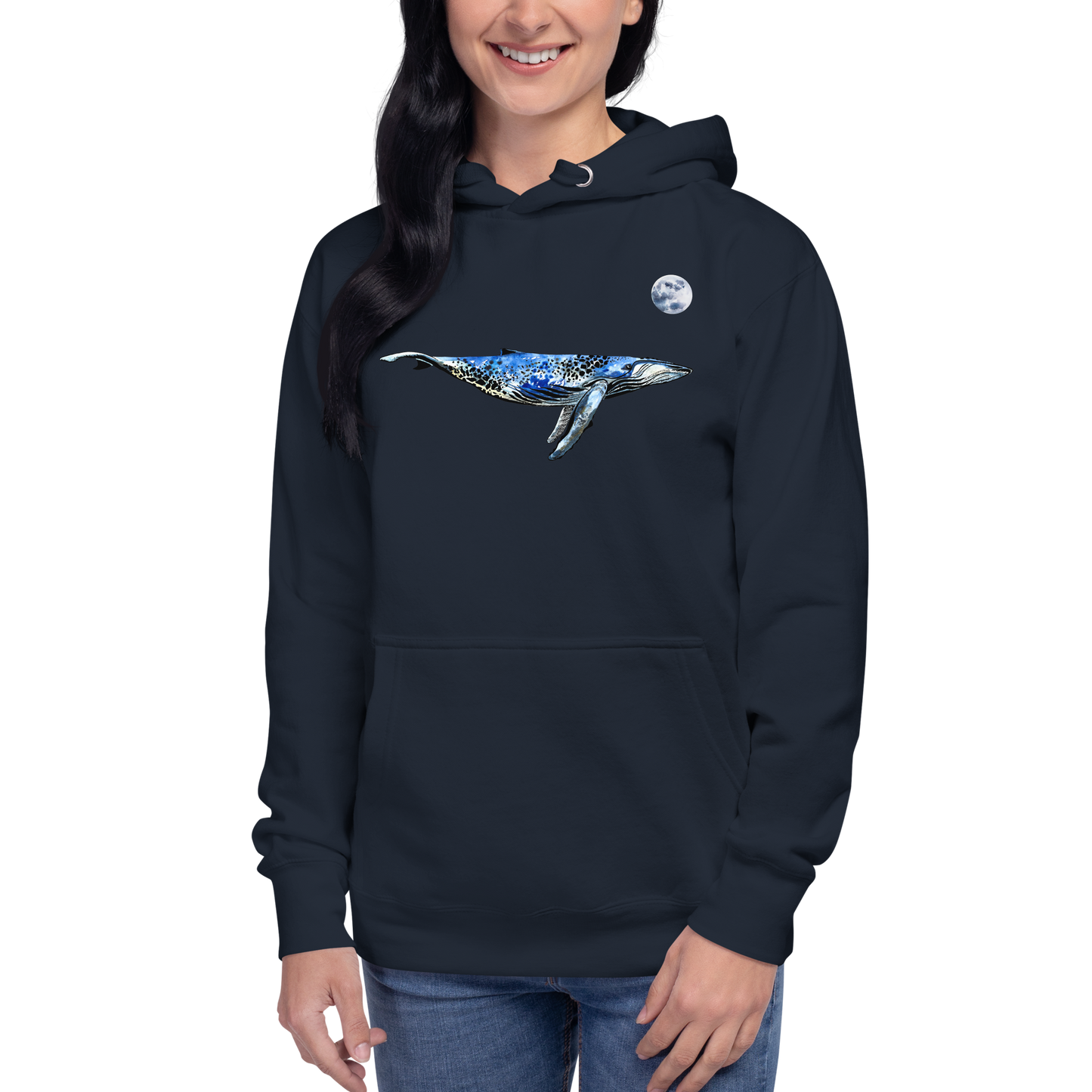 Woman wearing a Funny Whale under the moon premium graphic hoodie in navy blazer by Boozy Fox