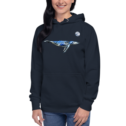 Woman wearing a Funny Whale under the moon premium graphic hoodie in navy blazer by Boozy Fox