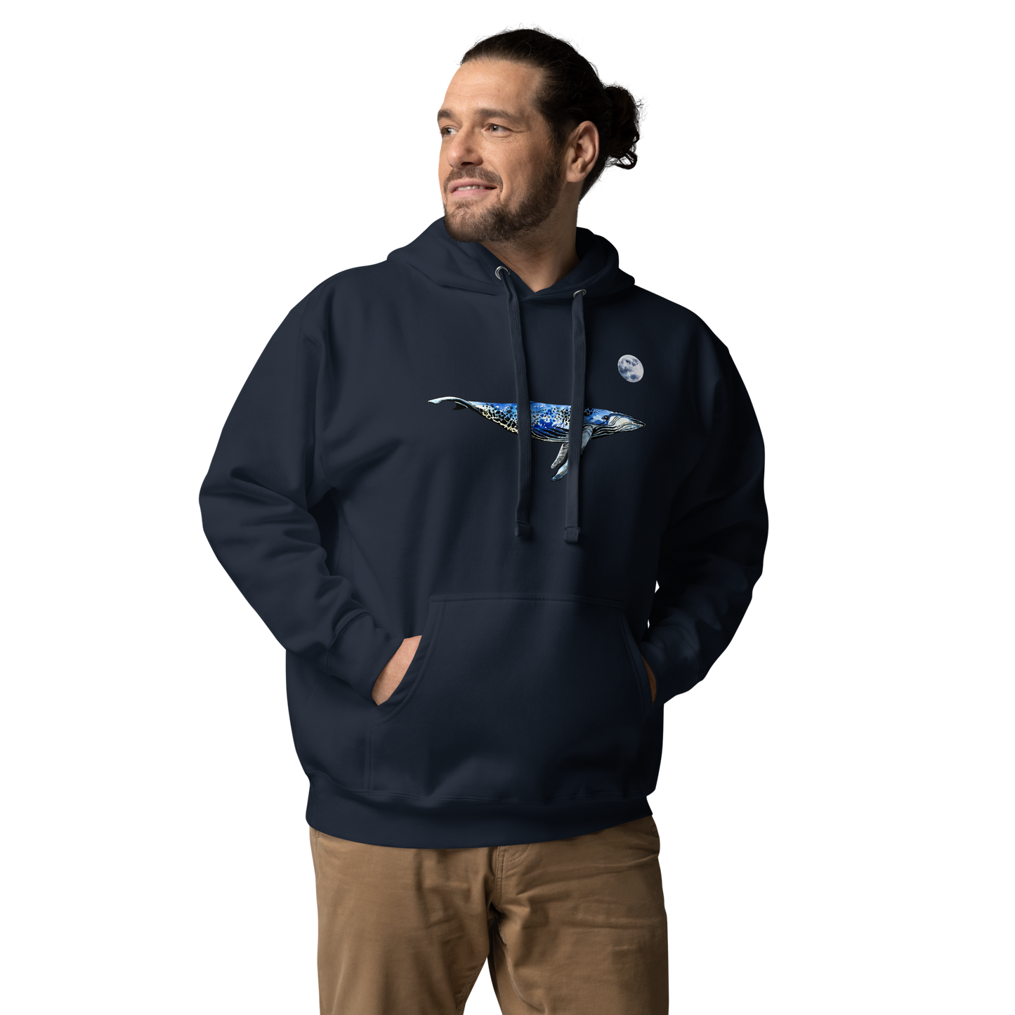 Man wearing a Funny Whale under the moon premium graphic hoodie in navy blazer by Boozy Fox