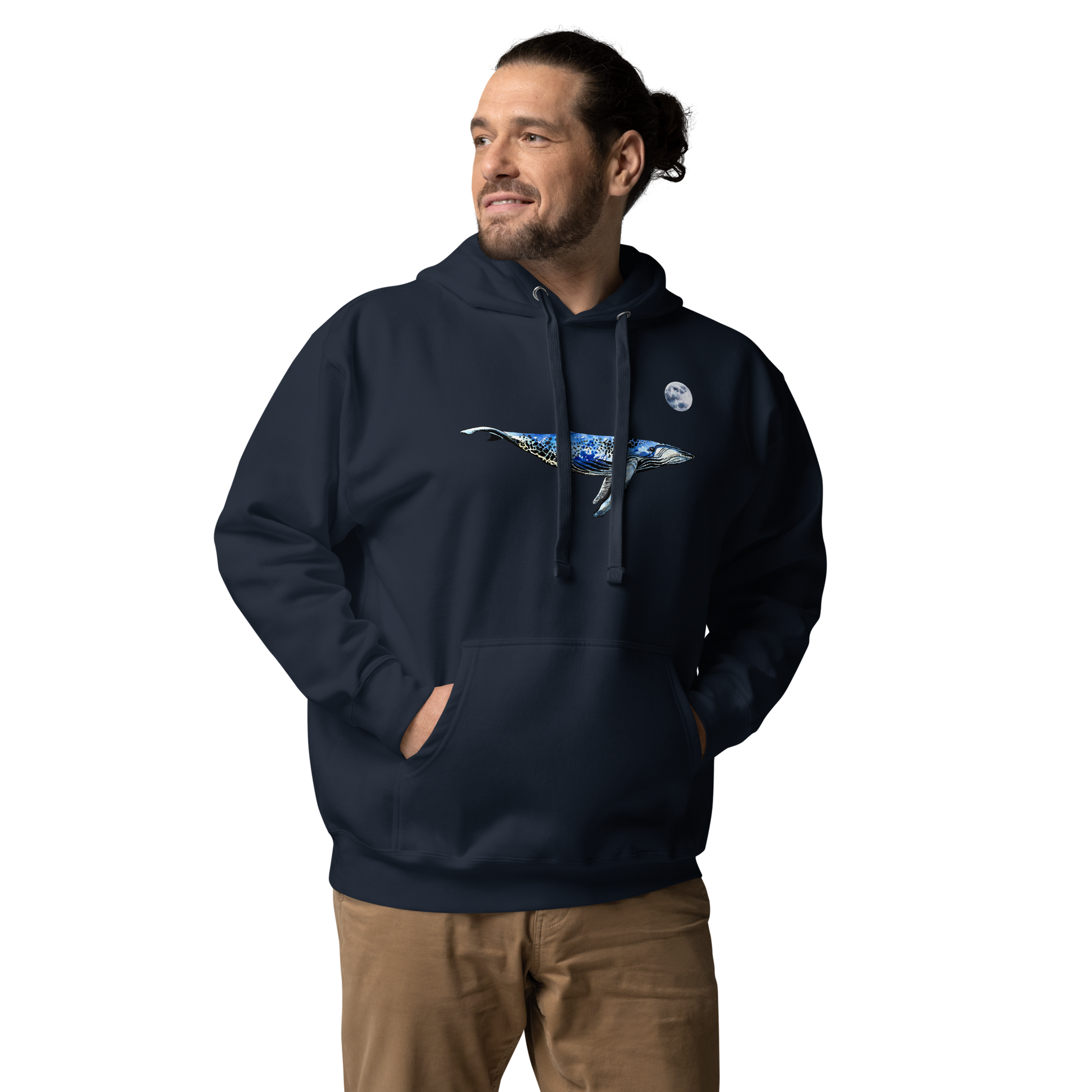 Man wearing a Funny Whale under the moon premium graphic hoodie in navy blazer by Boozy Fox