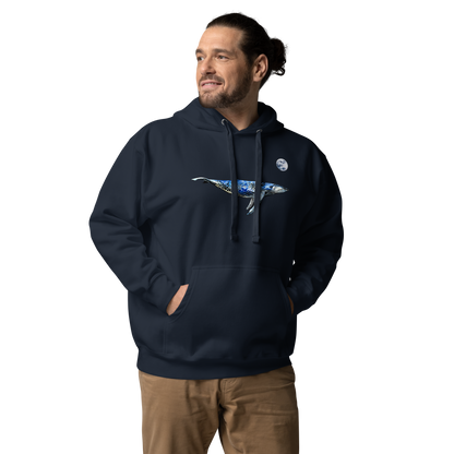 Man wearing a Funny Whale under the moon premium graphic hoodie in navy blazer by Boozy Fox