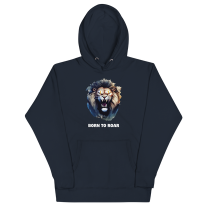 Funny Born to Roar Angry Lion premium graphic hoodie in navy blazer by Boozy Fox