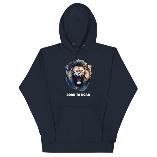 Funny Born to Roar Angry Lion premium graphic hoodie in navy blazer by Boozy Fox