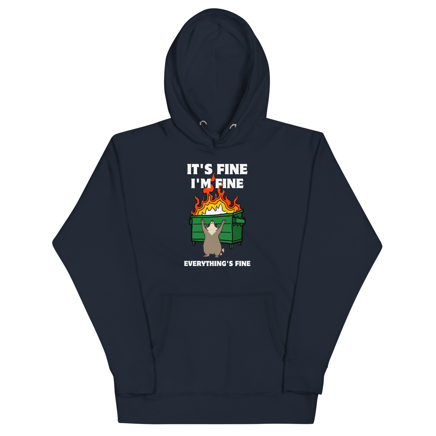 Funny Dumpster Fire Raccoon premium graphic hoodie in navy blazer by Boozy Fox