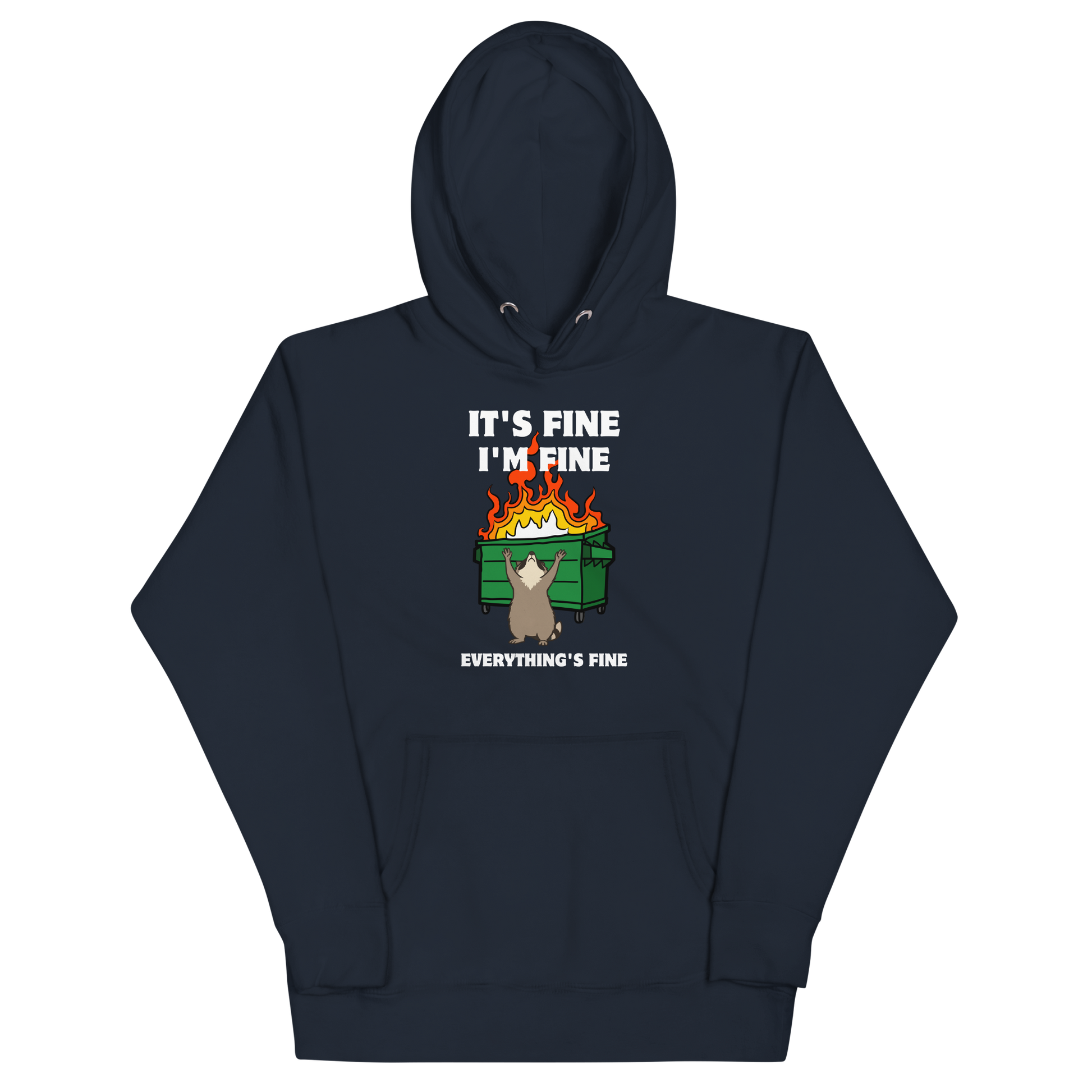Funny Dumpster Fire Raccoon premium graphic hoodie in navy blazer by Boozy Fox