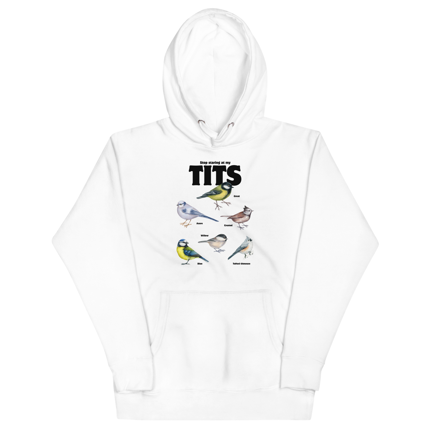 Funny Stop Staring At My Tits Bird premium graphic hoodie in white by Boozy Fox