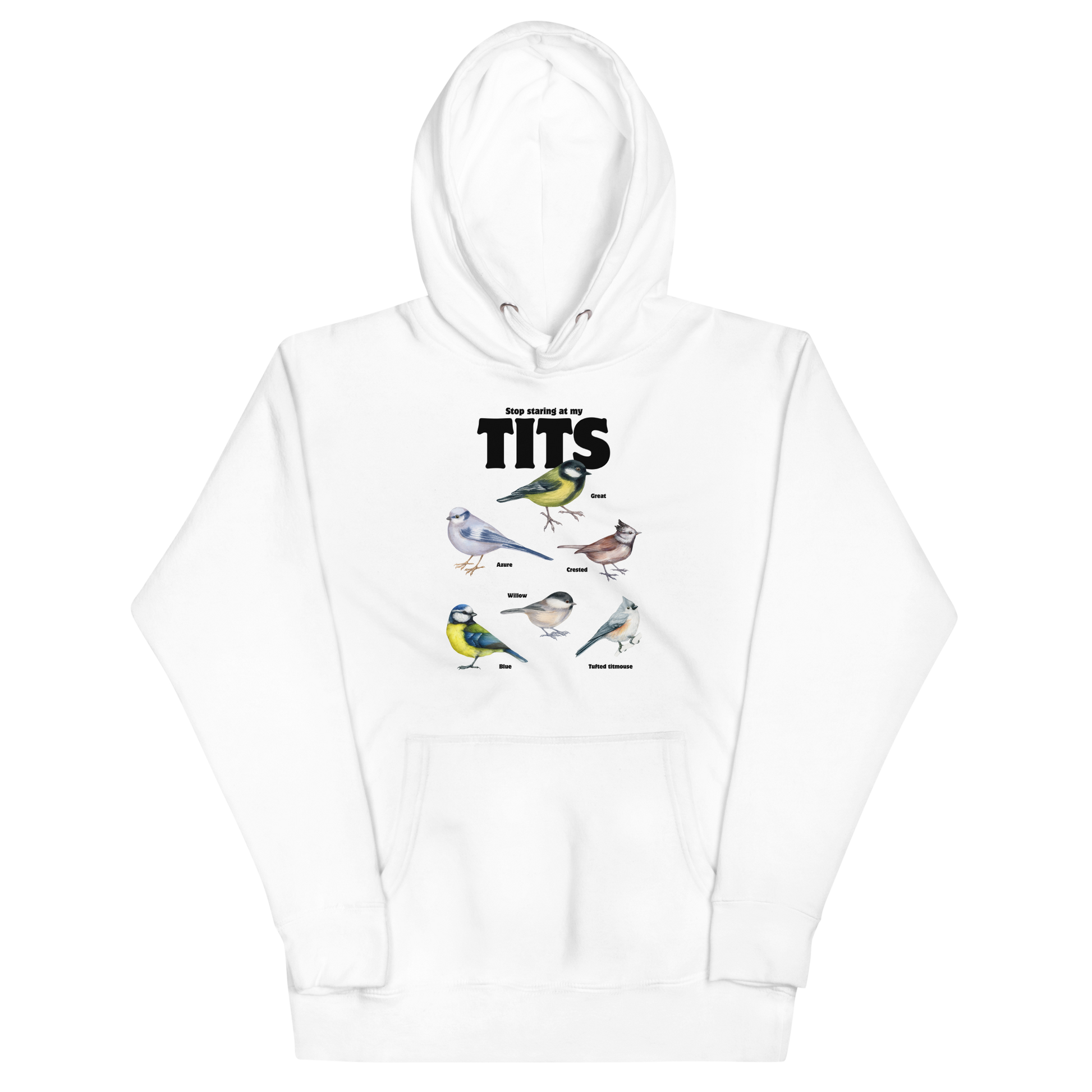 Funny Stop Staring At My Tits Bird premium graphic hoodie in white by Boozy Fox