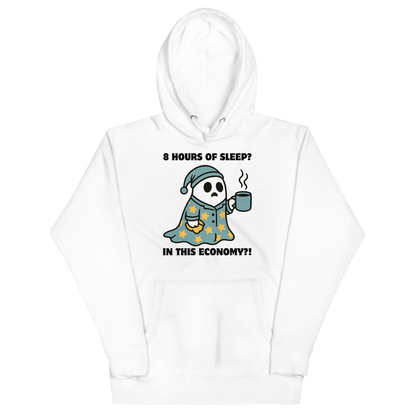 Funny 8 hours of sleep? In this economy?! Coffee premium graphic hoodie in white by Boozy Fox