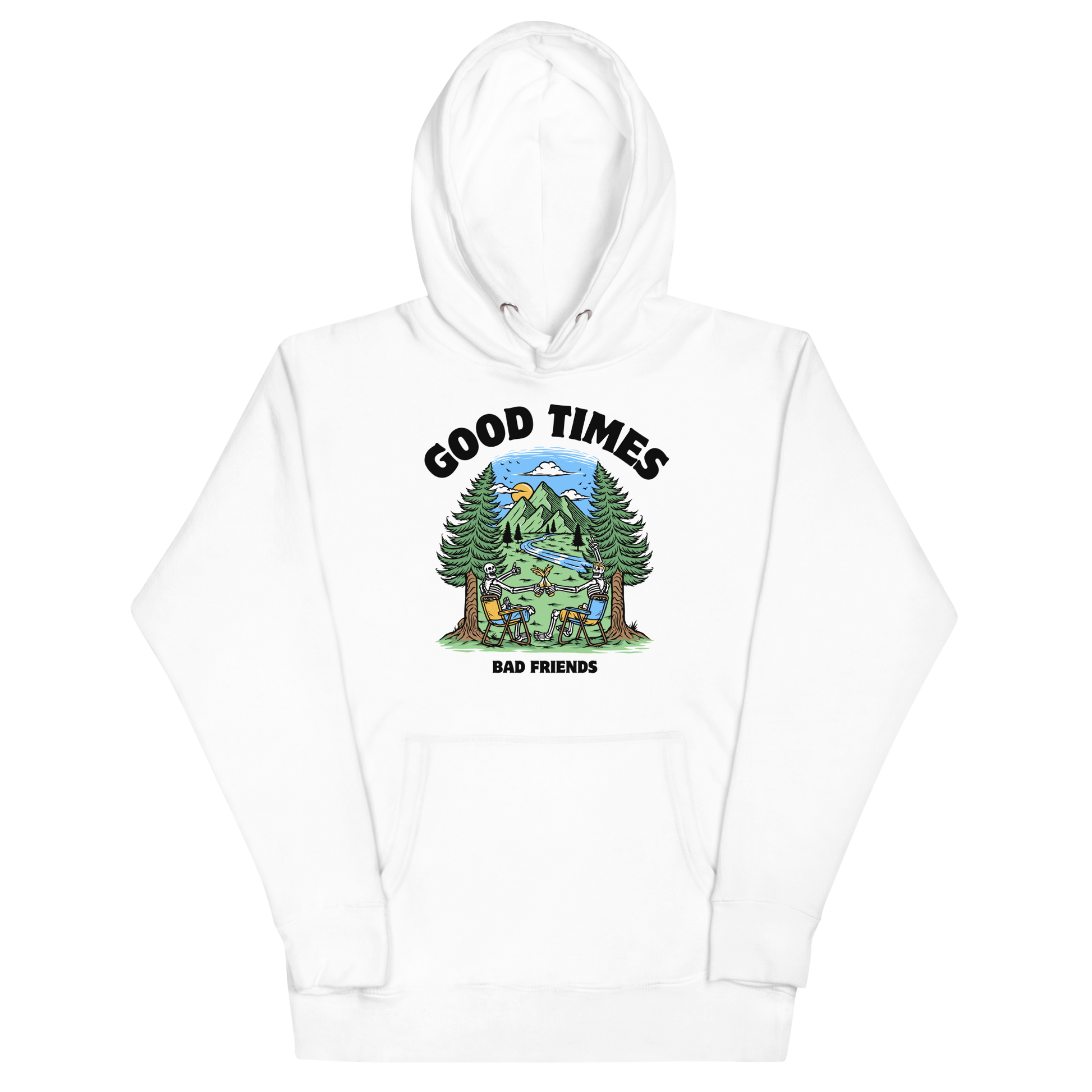 Funny Good Times Bad Friends skeleton beer premium graphic hoodie in white by Boozy Fox