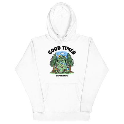 Funny Good Times Bad Friends skeleton beer premium graphic hoodie in white by Boozy Fox