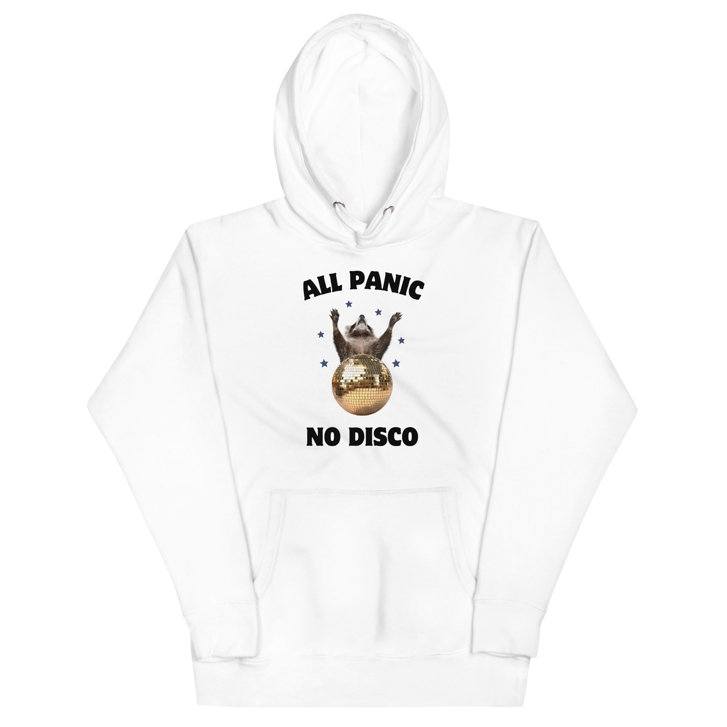 Funny All Panic No Disco Raccoon Disco Ball premium graphic hoodie in white by Boozy Fox