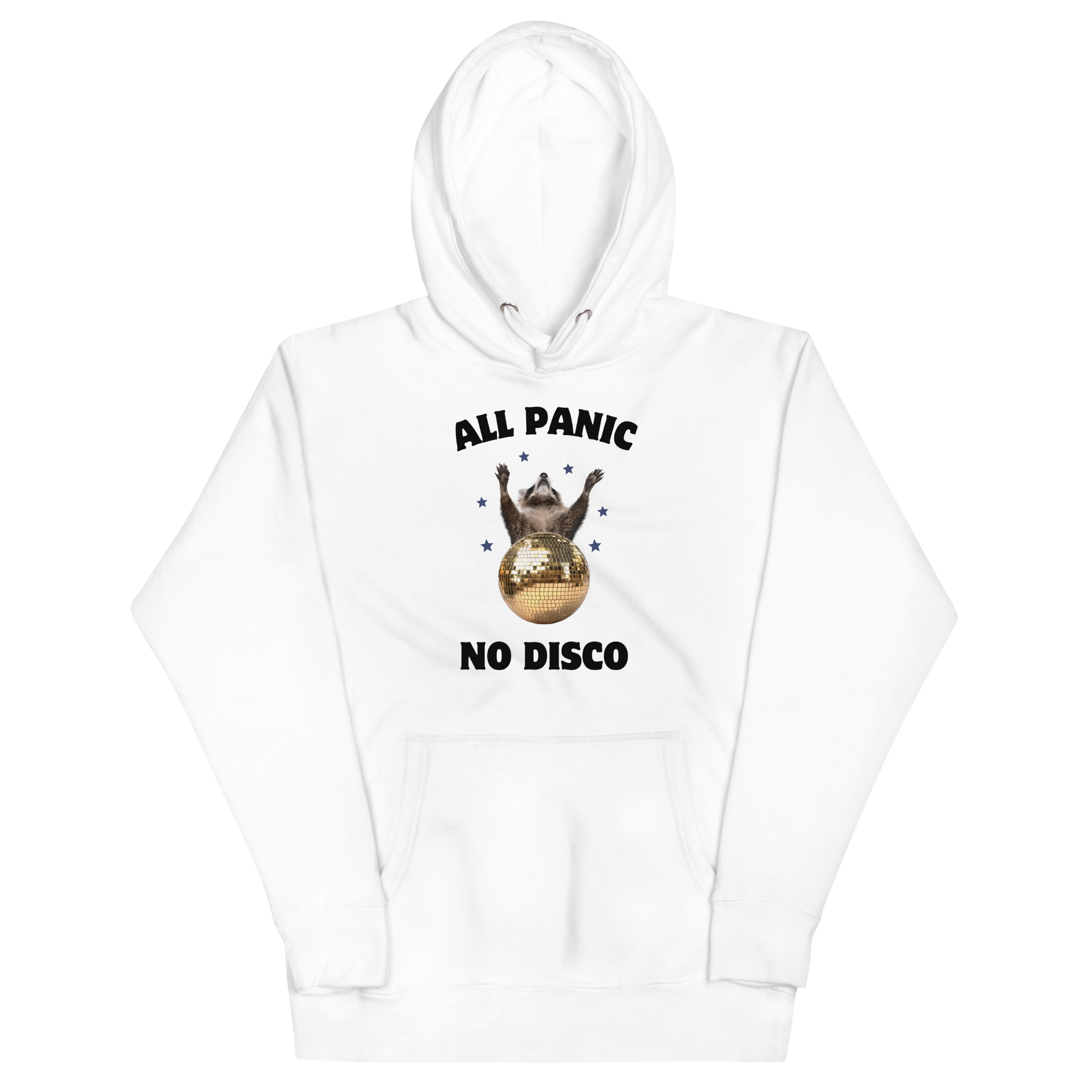 Funny All Panic No Disco Raccoon Disco Ball premium graphic hoodie in white by Boozy Fox