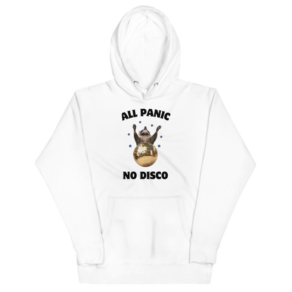 Funny All Panic No Disco Raccoon Disco Ball premium graphic hoodie in white by Boozy Fox