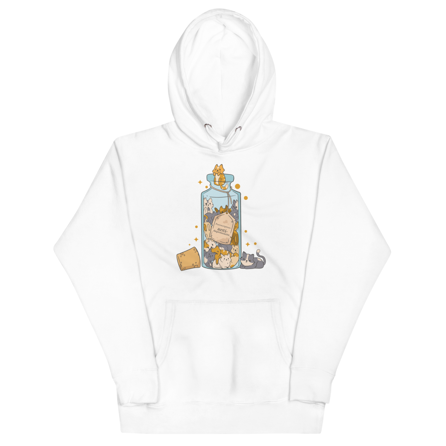 Funny Purrscription: Anti-depressants Cat premium graphic hoodie in white by Boozy Fox