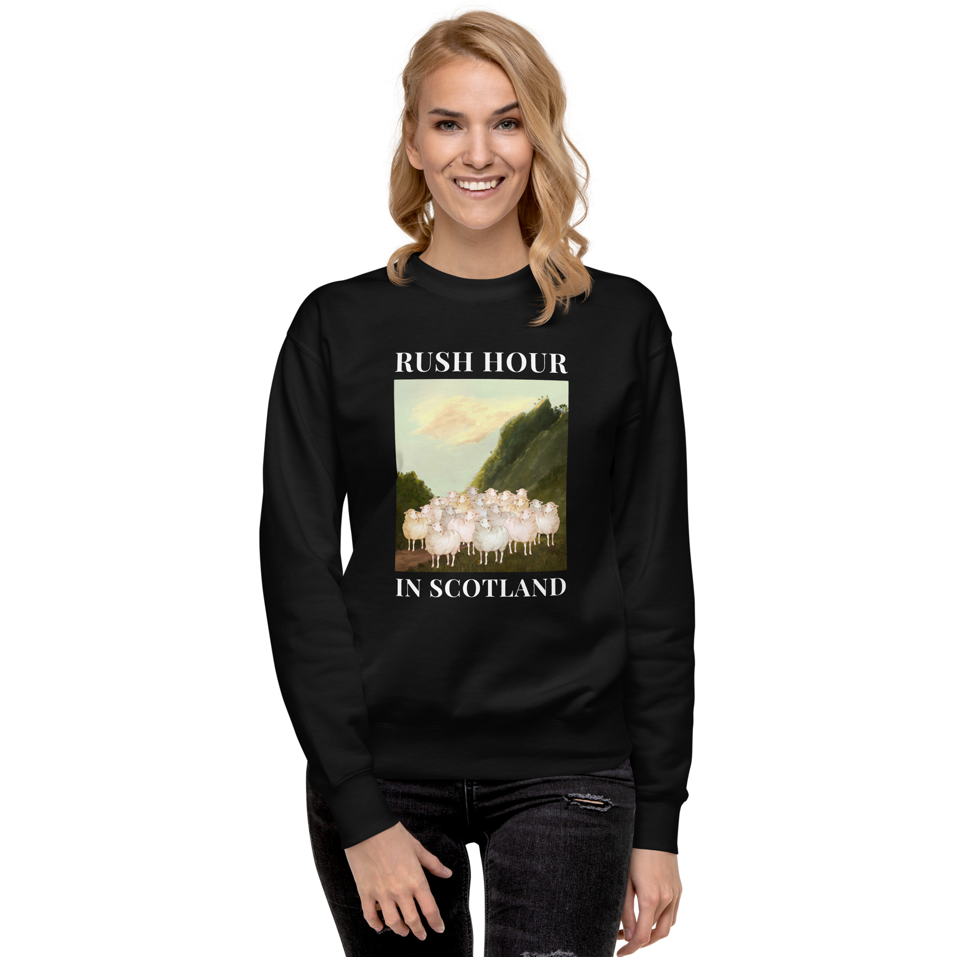 Woman wearing a Black Premium Sheep Sweatshirt featuring a comical Rush Hour In Scotland graphic on the chest - Artsy/Funny Graphic Sheep Sweatshirts - Boozy Fox