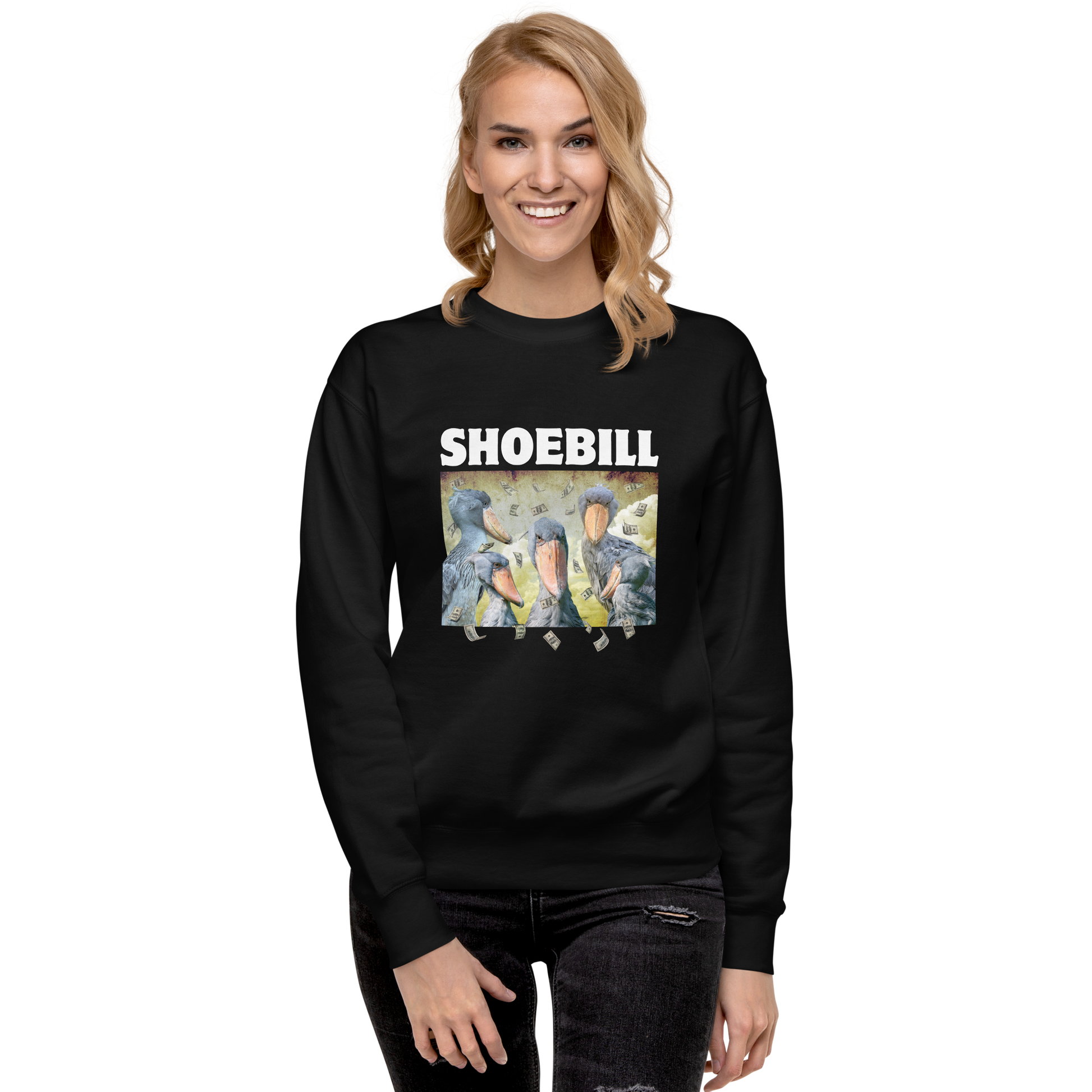 Woman wearing a Black Premium Shoebill Sweatshirt featuring a cool Shoebill graphic on the chest - Artsy/Funny Graphic Shoebill Stork Sweatshirts - Boozy Fox