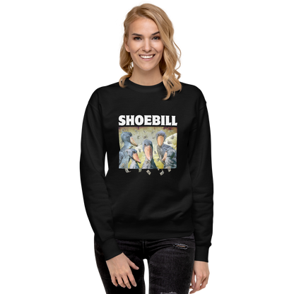 Woman wearing a Black Premium Shoebill Sweatshirt featuring a cool Shoebill graphic on the chest - Artsy/Funny Graphic Shoebill Stork Sweatshirts - Boozy Fox