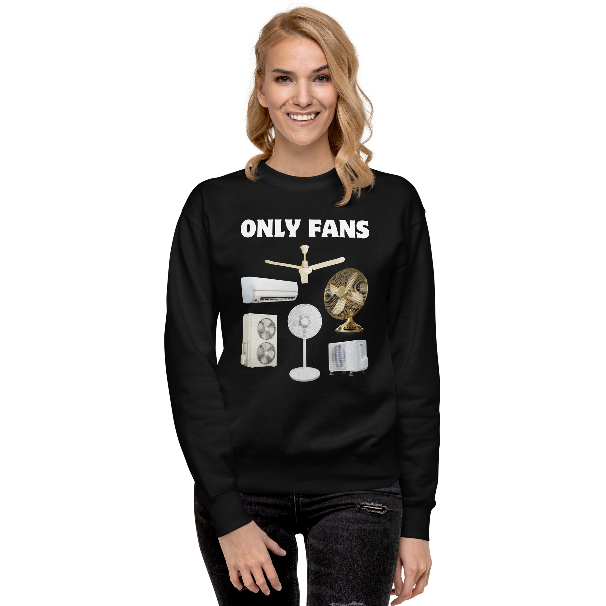 Smiling woman wearing a Black Only Fans Graphic Premium Sweatshirt - Boozy Fox