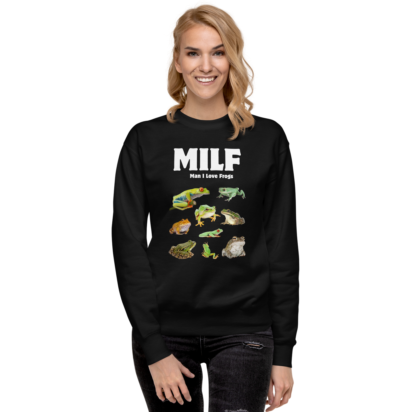 Smiling woman wearing a Black Man I Love Frogs Graphic Premium Sweatshirt - Boozy Fox