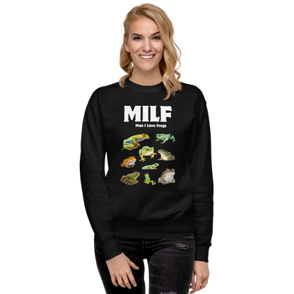 Smiling woman wearing a Black Man I Love Frogs Graphic Premium Sweatshirt - Boozy Fox