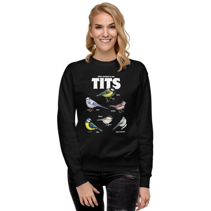 Smiling woman wearing a Black Stop Staring At My Tits Graphic Premium Sweatshirt - Boozy Fox