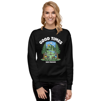 Smiling woman wearing a Black Good Times Bad Friends Graphic Premium Sweatshirt - Boozy Fox