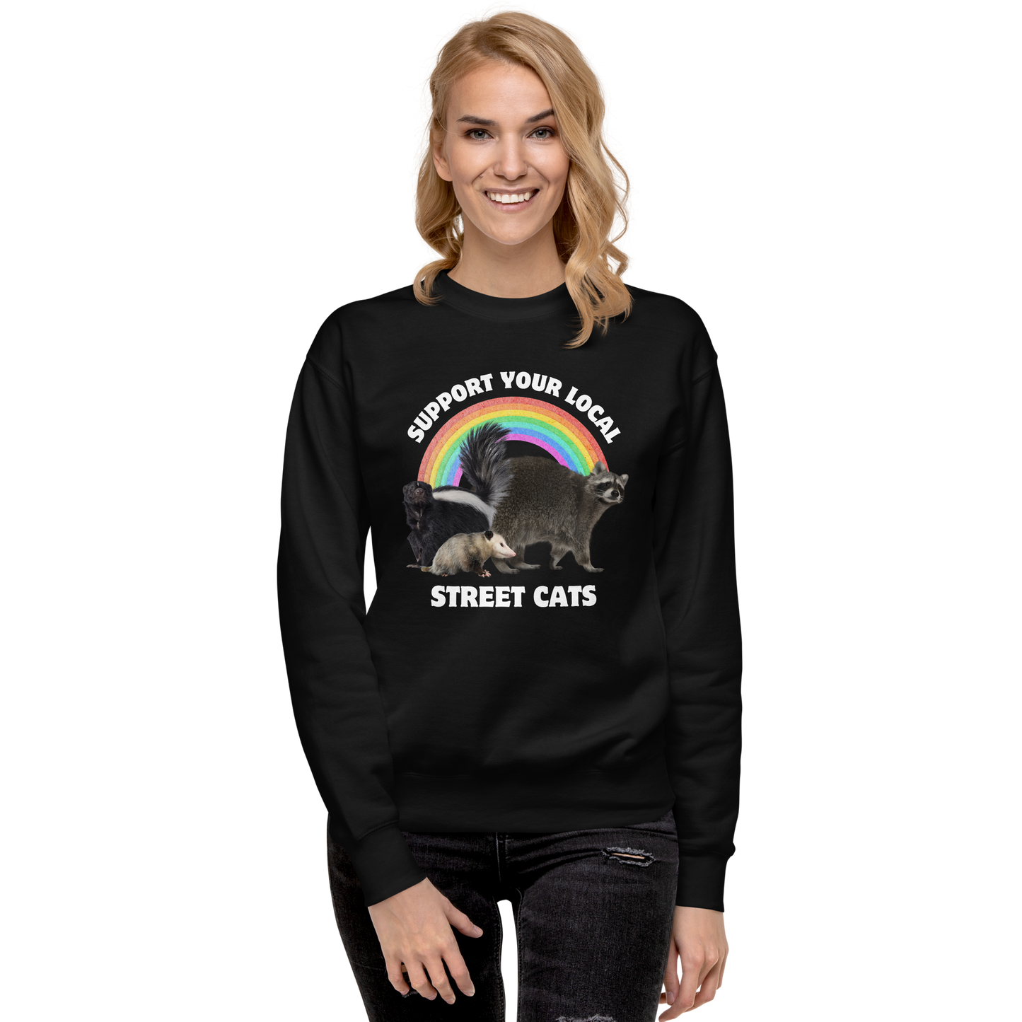 Smiling  woman wearing a Black Support Your Local Street Cats Graphic Premium Sweatshirt - Boozy Fox