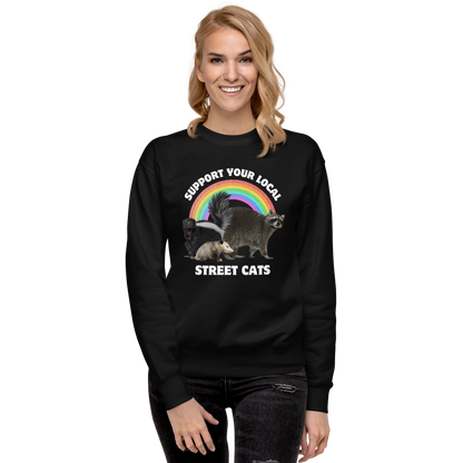 Smiling  woman wearing a Black Support Your Local Street Cats Graphic Premium Sweatshirt - Boozy Fox