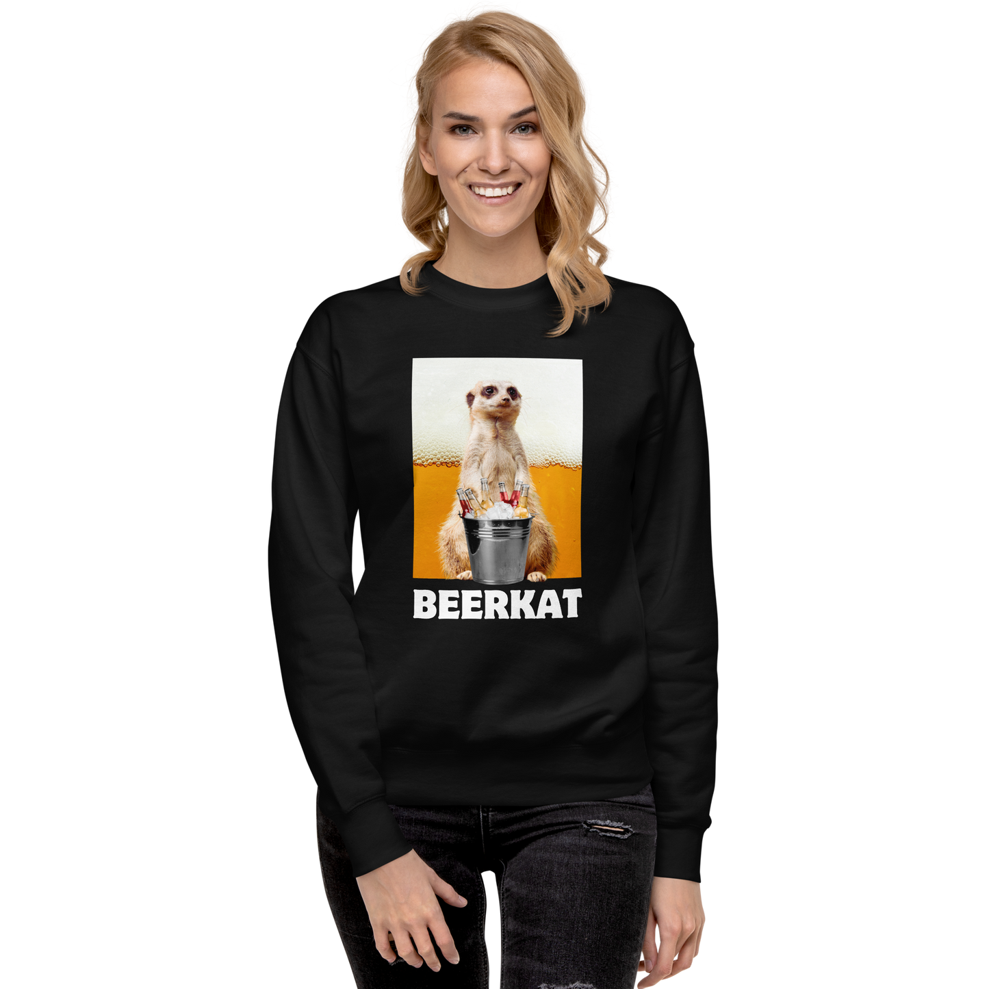 Smiling woman wearing a Black Meerkat Graphic Premium Sweatshirt - Boozy Fox