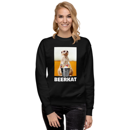 Smiling woman wearing a Black Meerkat Graphic Premium Sweatshirt - Boozy Fox
