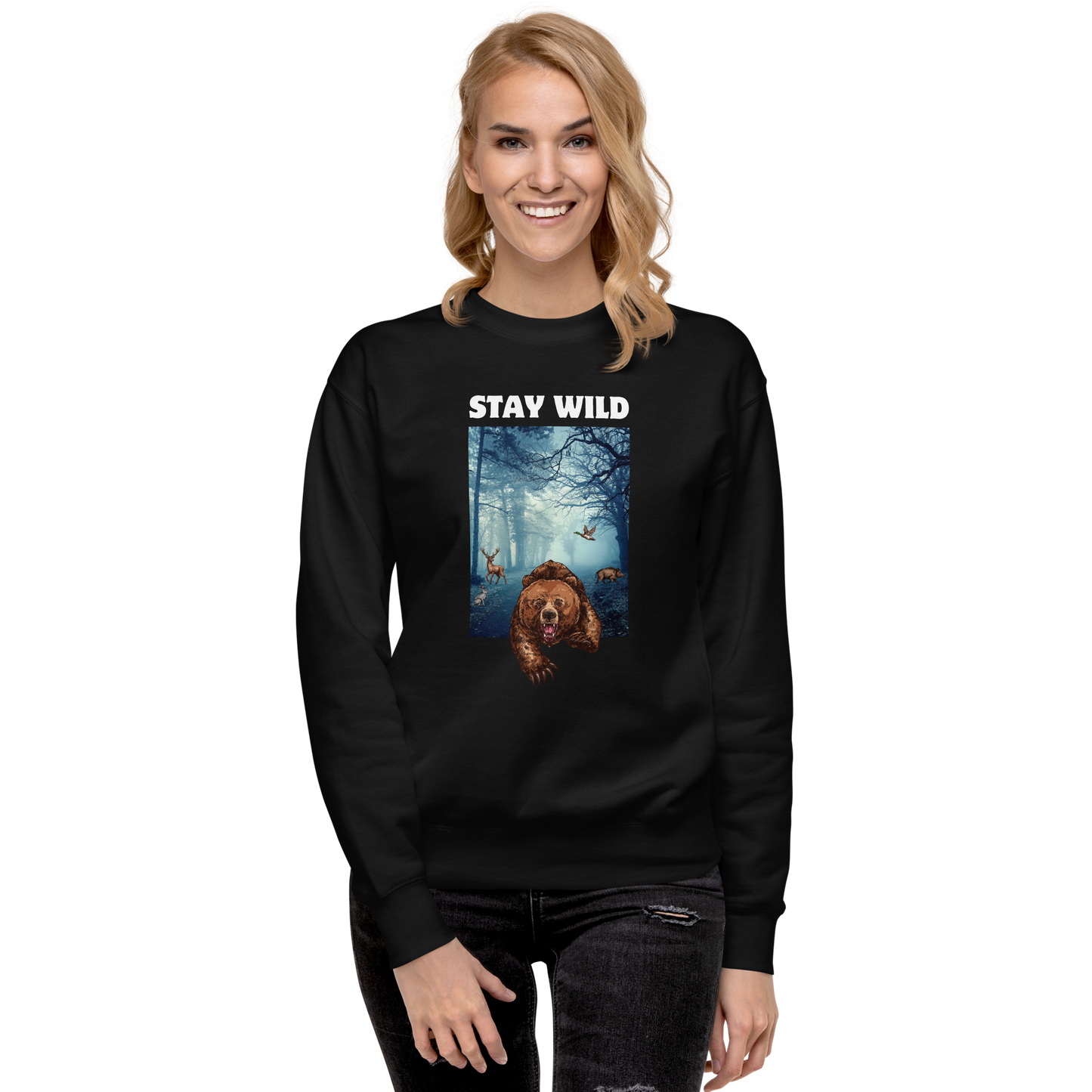 Smiling woman wearing a Black Stay Wild Bear Graphic Premium Sweatshirt - Boozy Fox