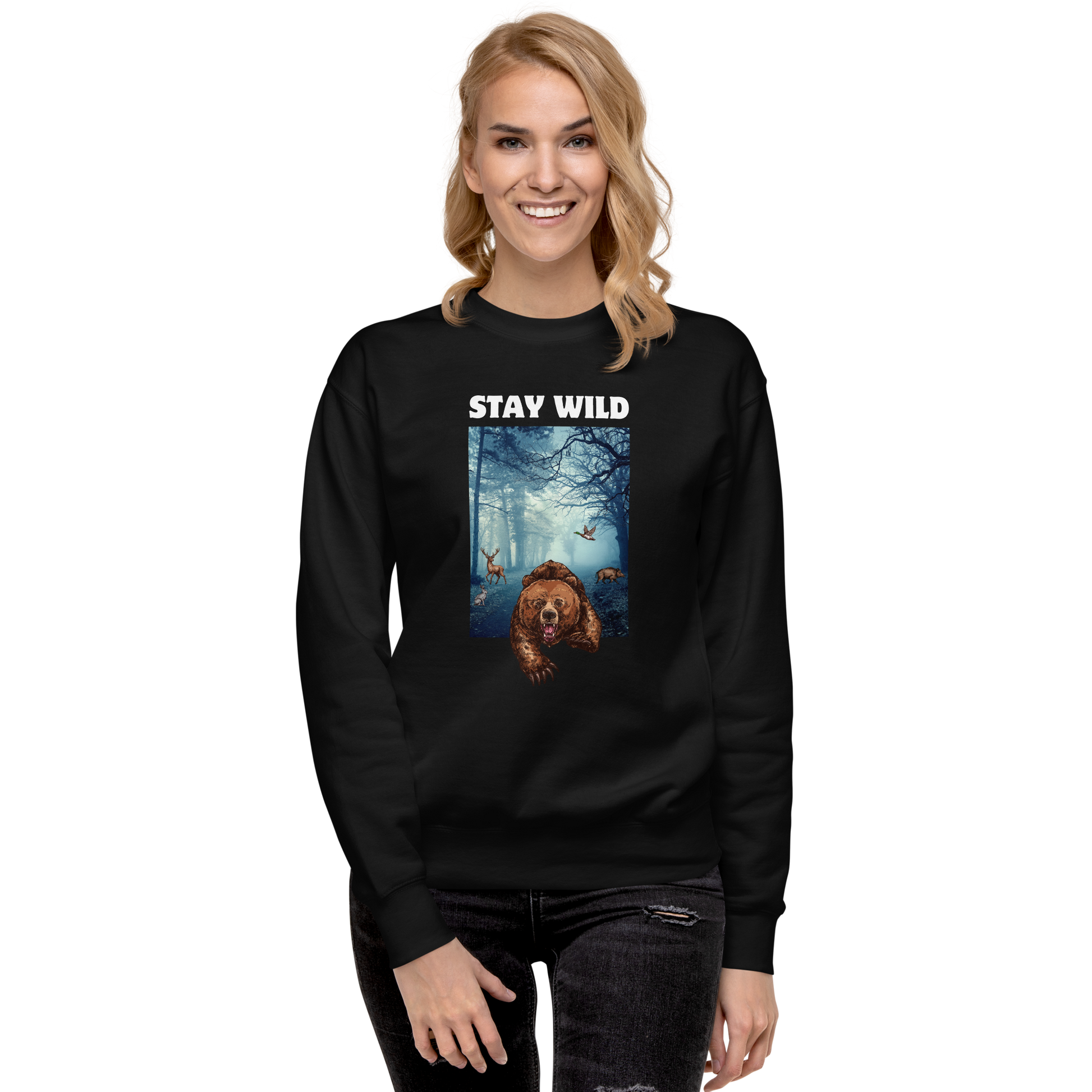 Smiling woman wearing a Black Stay Wild Bear Graphic Premium Sweatshirt - Boozy Fox